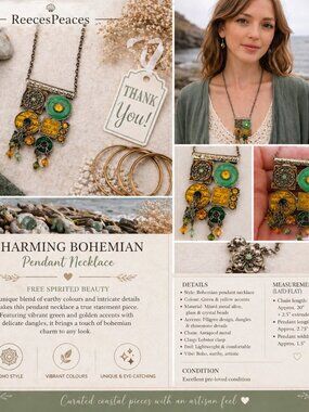 Boho Multicolour Pendant Necklace Green Yellow Artisan Statement